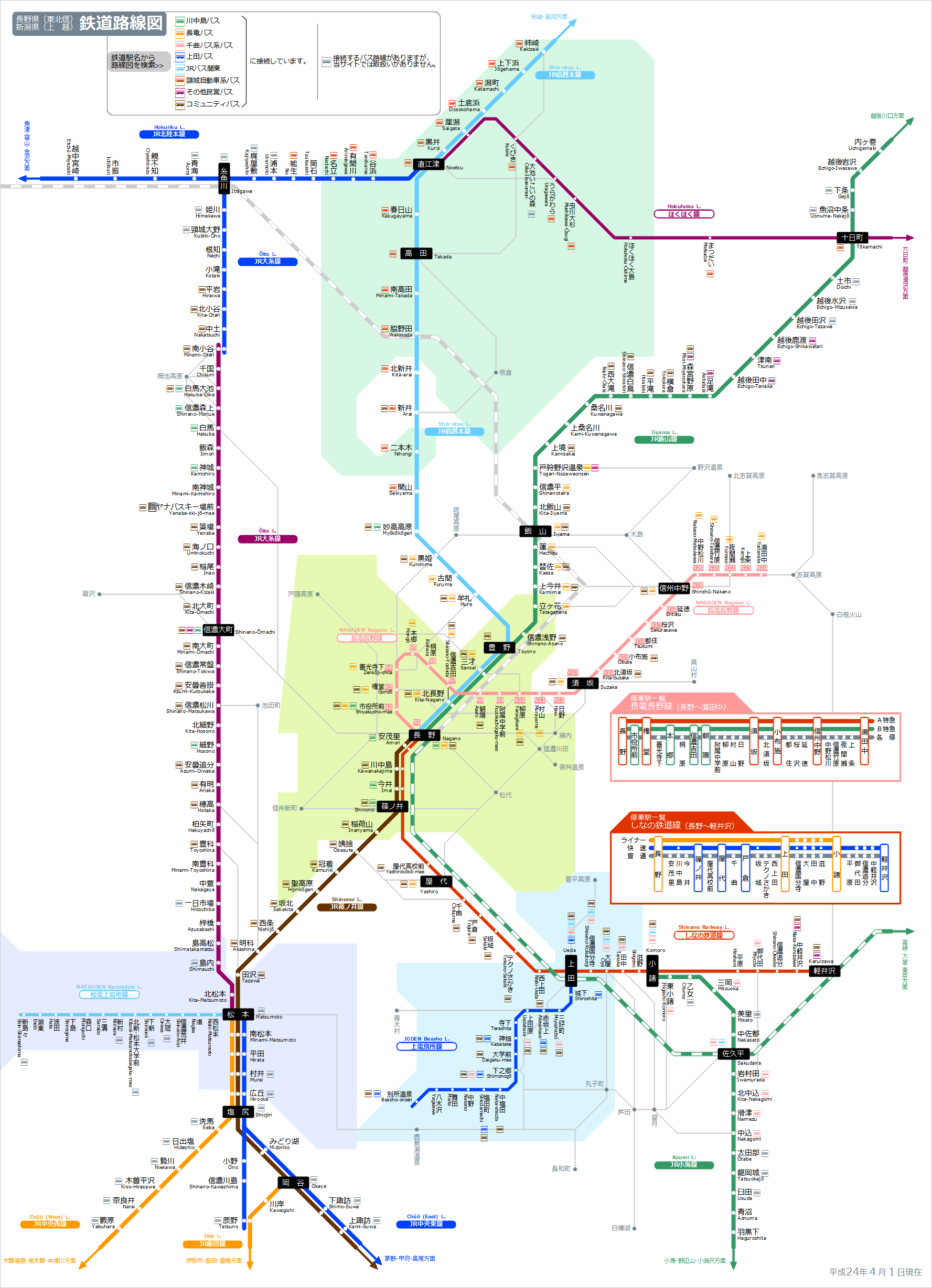 長野県（東北信）・新潟県（上越）の鉄道路線図